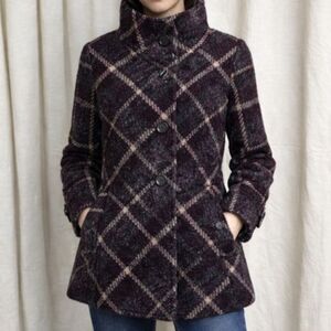 Larry Levine Wool Blend Pea Coat Gray Purple Plaid High Collar Button Front 8